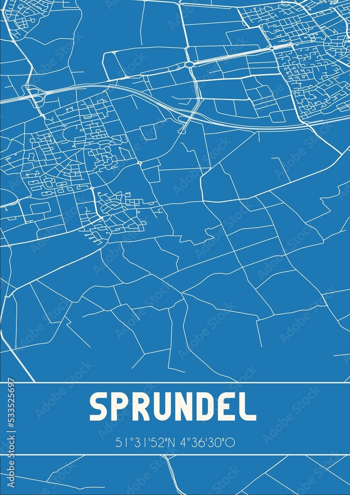 Blueprint of the map of Sprundel located in Noord-Brabant the Netherlands.