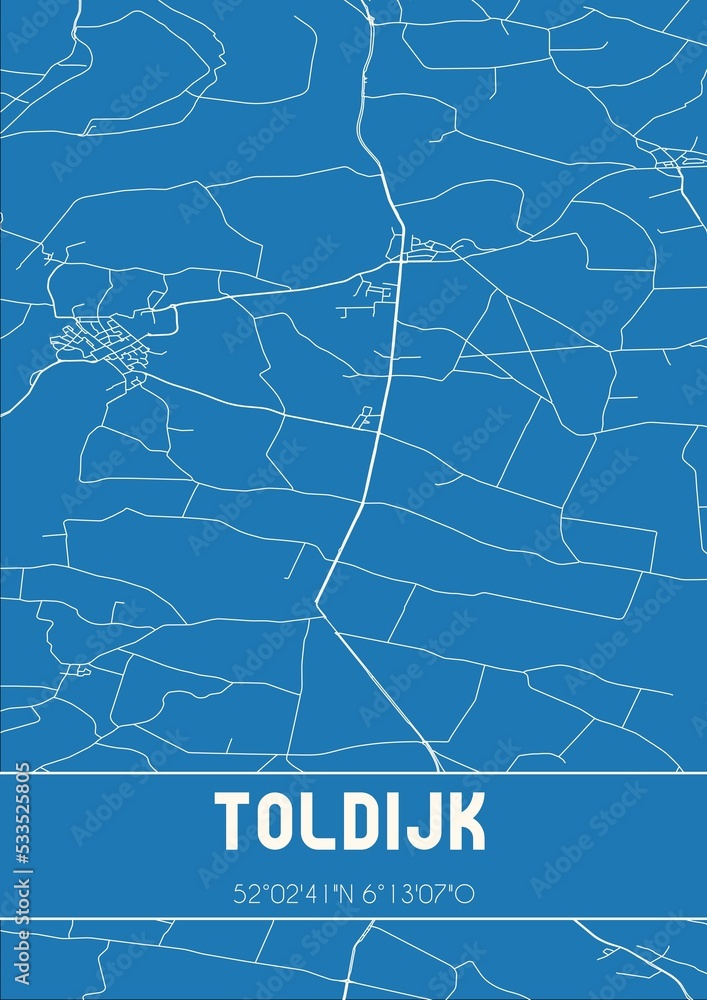 Blueprint of the map of Toldijk located in Gelderland the Netherlands.