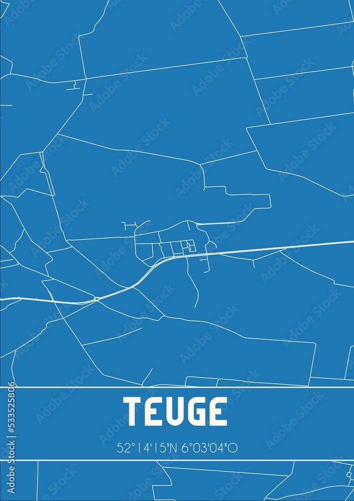 Blueprint of the map of Teuge located in Gelderland the Netherlands.