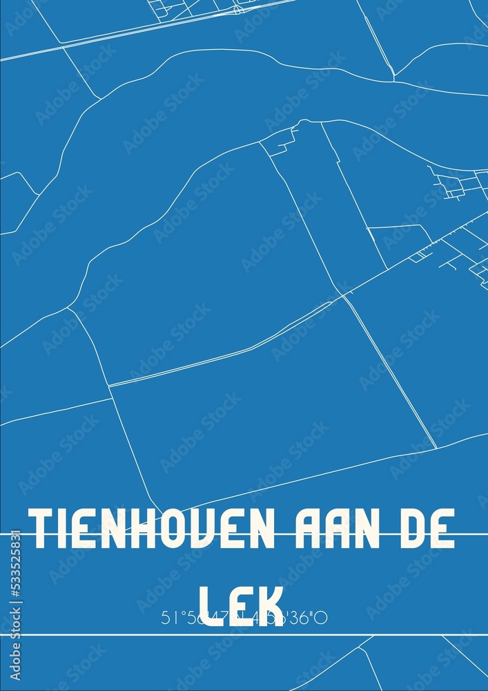 Blueprint of the map of Tienhoven aan de Lek located in Utrecht the Netherlands.