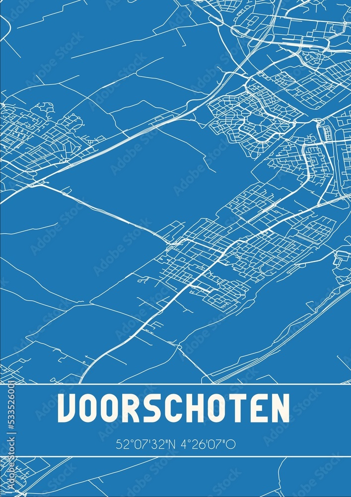 Blueprint of the map of Voorschoten located in Zuid-Holland the Netherlands.