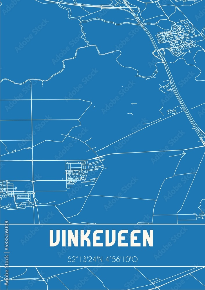 Blueprint of the map of Vinkeveen located in Utrecht the Netherlands.