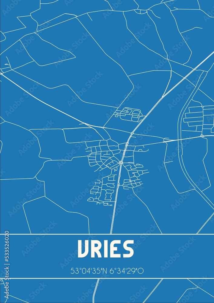 Blueprint of the map of Vries located in Drenthe the Netherlands.