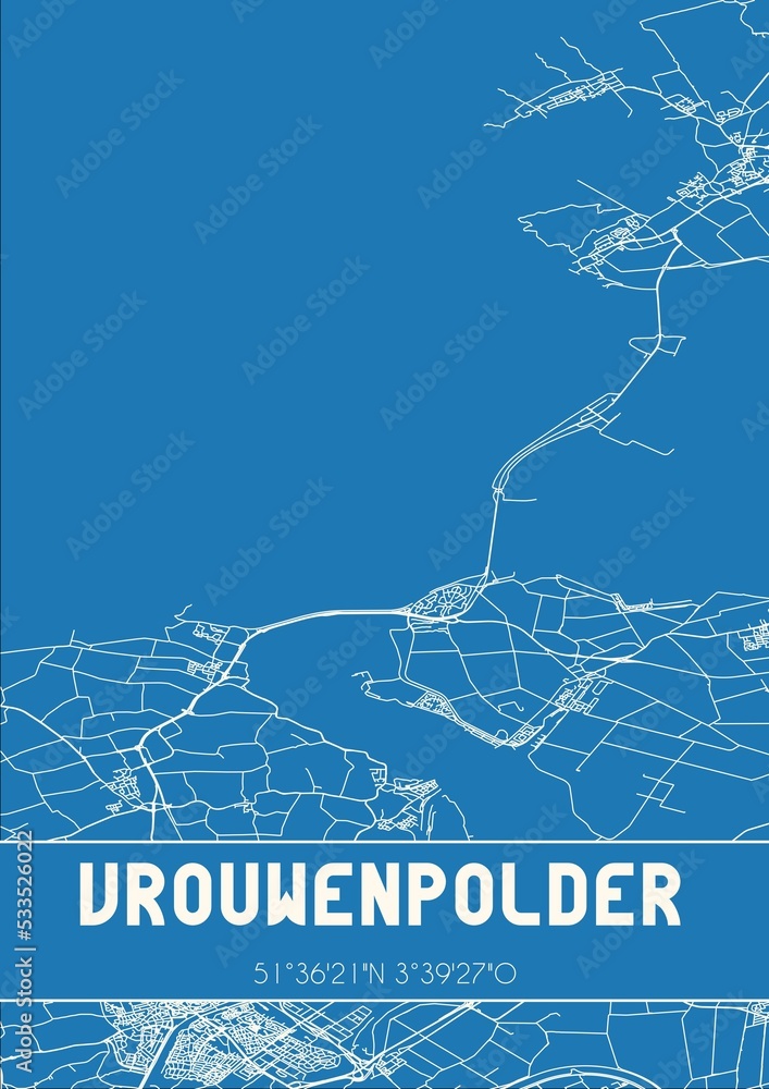 Blueprint of the map of Vrouwenpolder located in Zeeland the Netherlands.