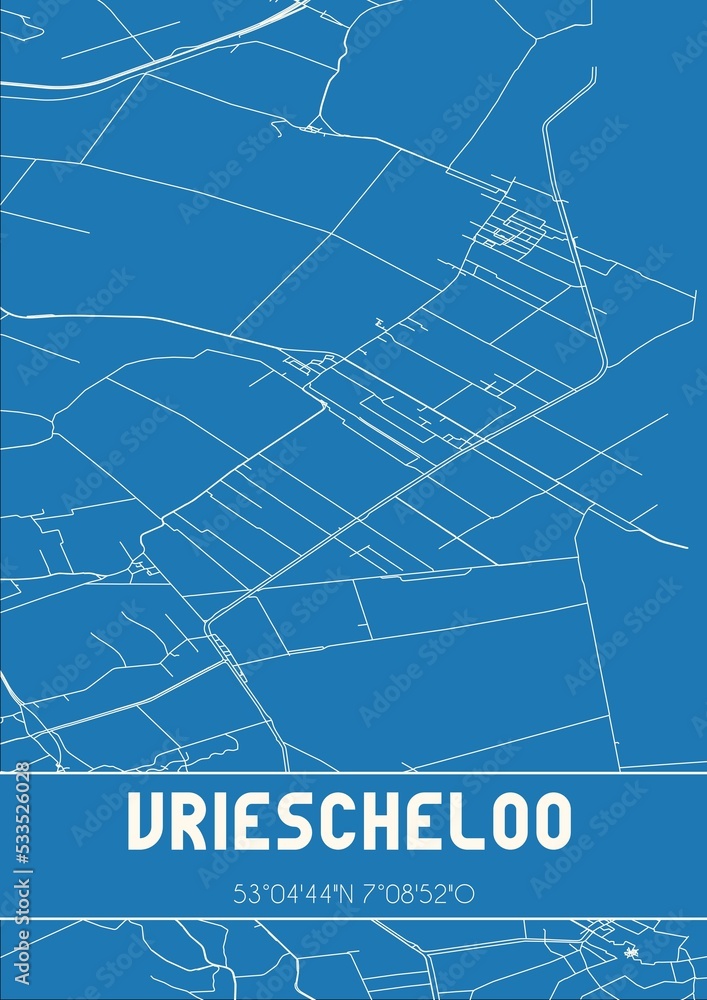 Blueprint of the map of Vriescheloo located in Groningen the Netherlands.