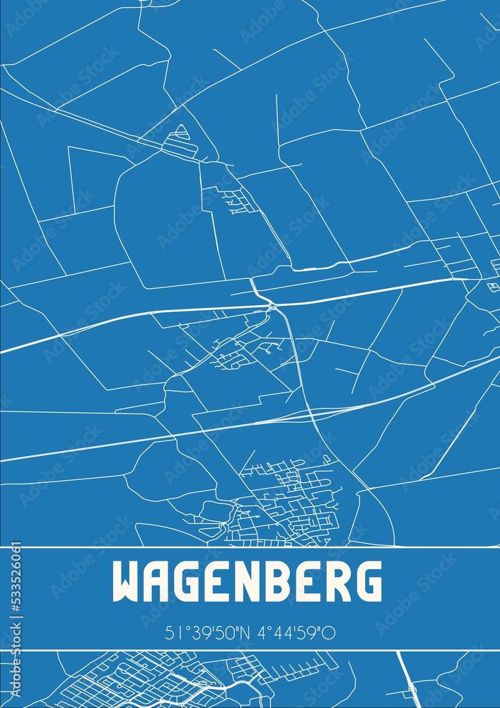 Blueprint of the map of Wagenberg located in Noord-Brabant the Netherlands.