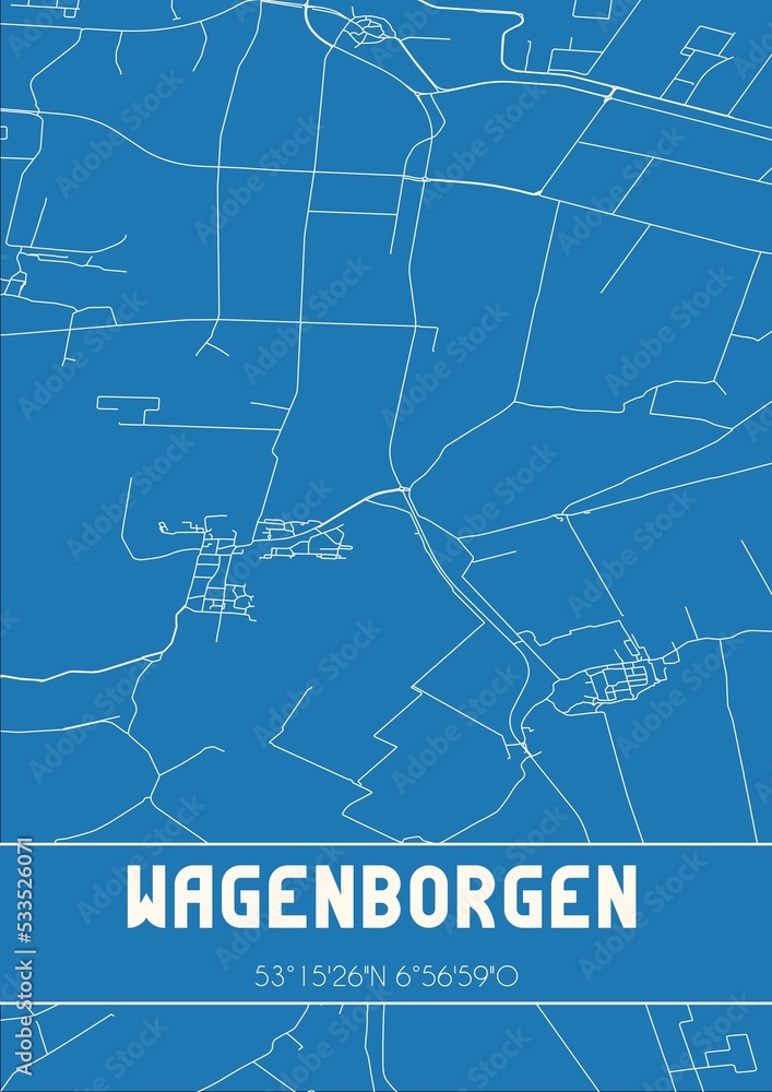 Blueprint of the map of Wagenborgen located in Groningen the Netherlands.