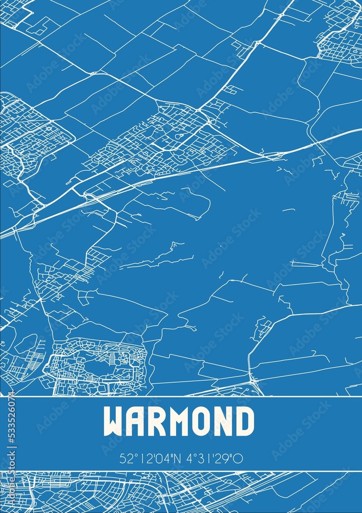 Blueprint of the map of Warmond located in Zuid-Holland the Netherlands.