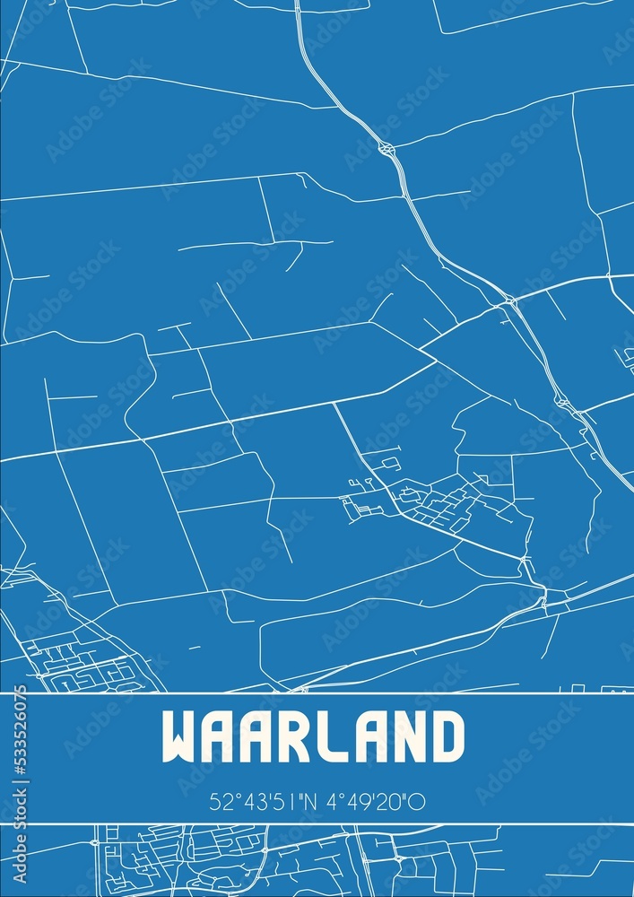 Blueprint of the map of Waarland located in Noord-Holland the Netherlands.
