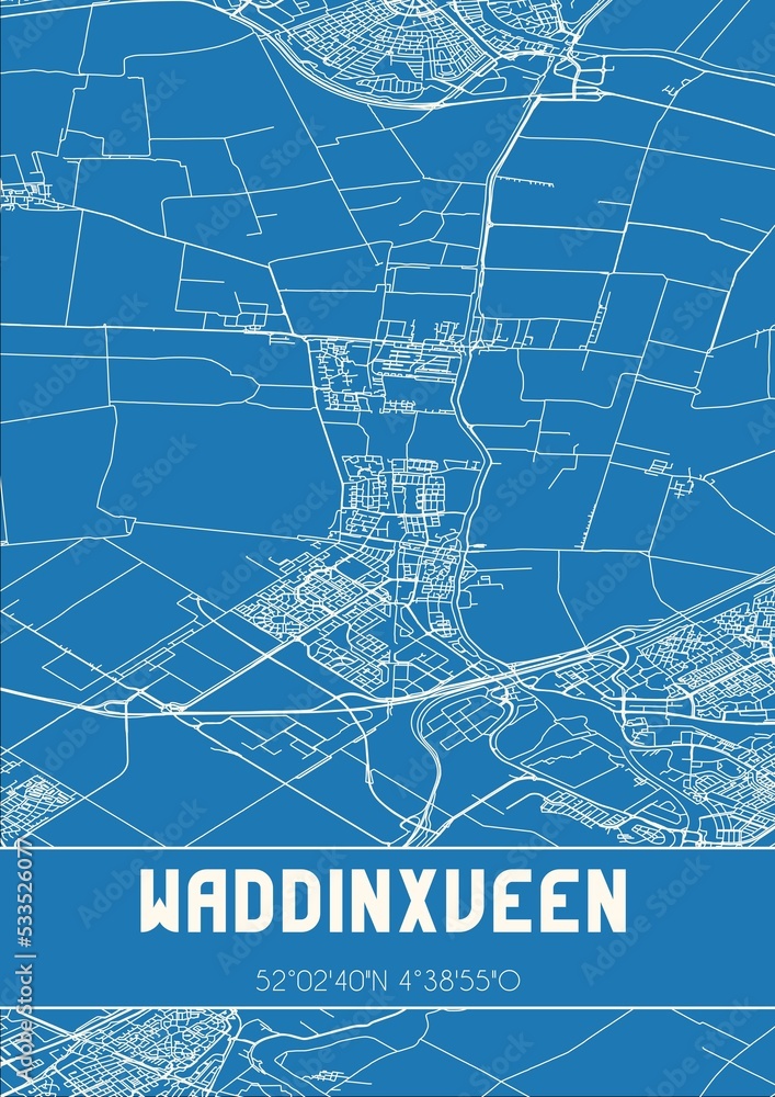 Blueprint of the map of Waddinxveen located in Zuid-Holland the Netherlands. Blueprint of the map of Waddinxveen located in Zuid-Holland the Netherlands.