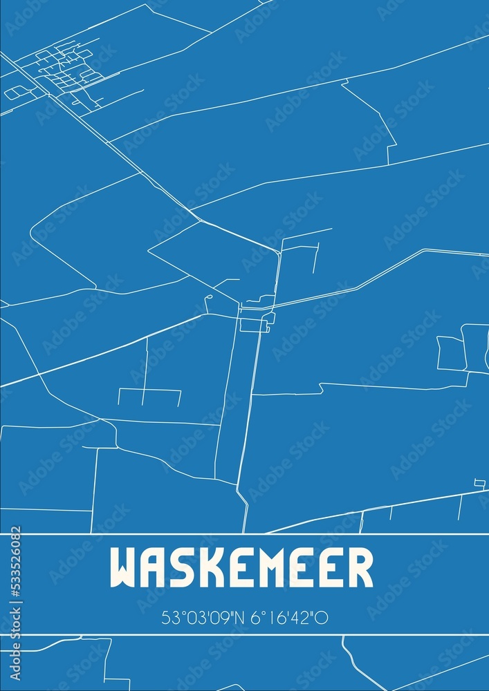 Blueprint of the map of Waskemeer located in Fryslan the Netherlands.