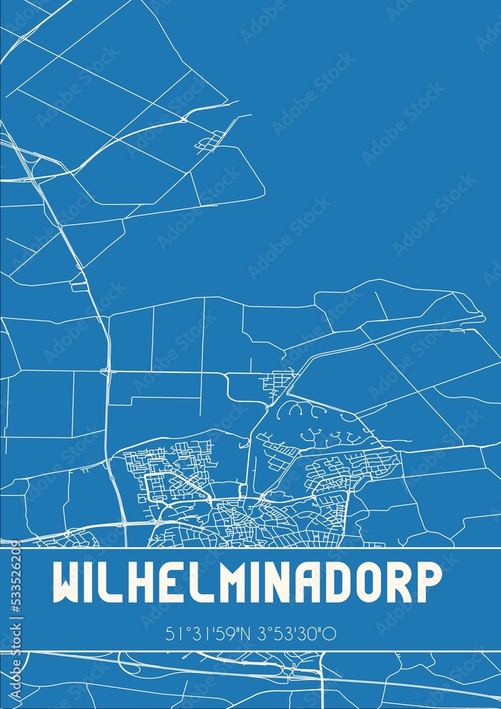 Blueprint of the map of Wilhelminadorp located in Zeeland the Netherlands.