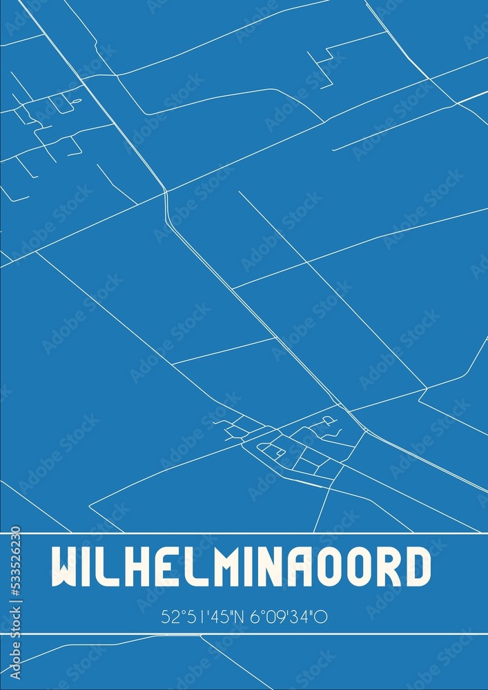 Blueprint of the map of Wilhelminaoord located in Drenthe the Netherlands. Blueprint of the map of Wilhelminaoord located in Drenthe the Netherlands.