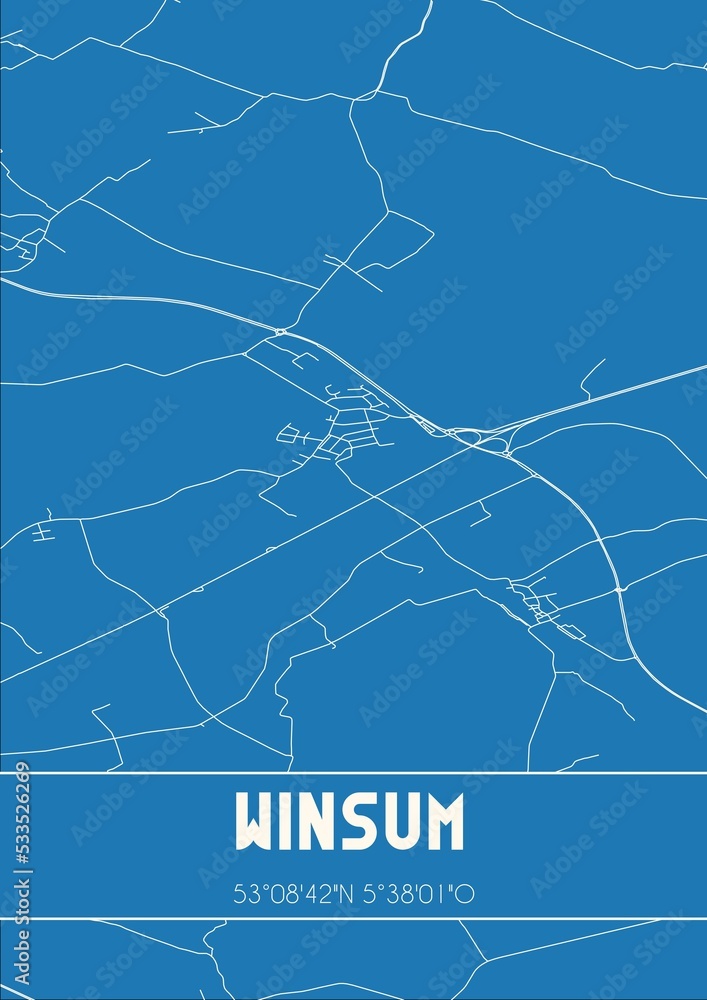 Blueprint of the map of Winsum located in Fryslan the Netherlands.