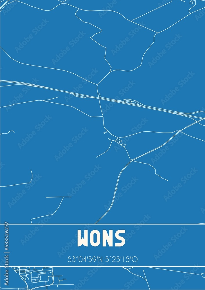 Obraz premium Blueprint of the map of Wons located in Fryslan the Netherlands.