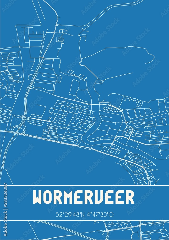 Blueprint of the map of Wormerveer located in Noord-Holland the Netherlands.