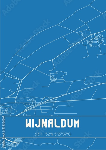 Blueprint of the map of Wijnaldum located in Fryslan the Netherlands.