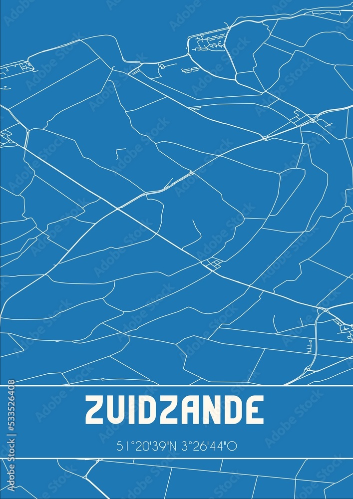 Blueprint of the map of Zuidzande located in Zeeland the Netherlands.