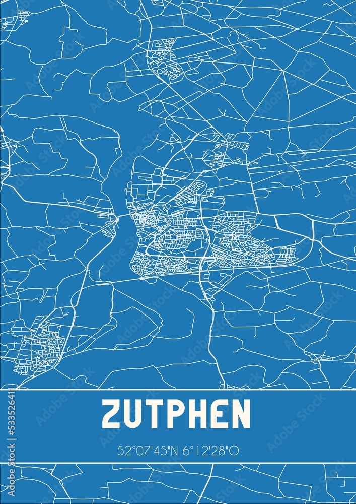 Blueprint of the map of Zutphen located in Gelderland the Netherlands.