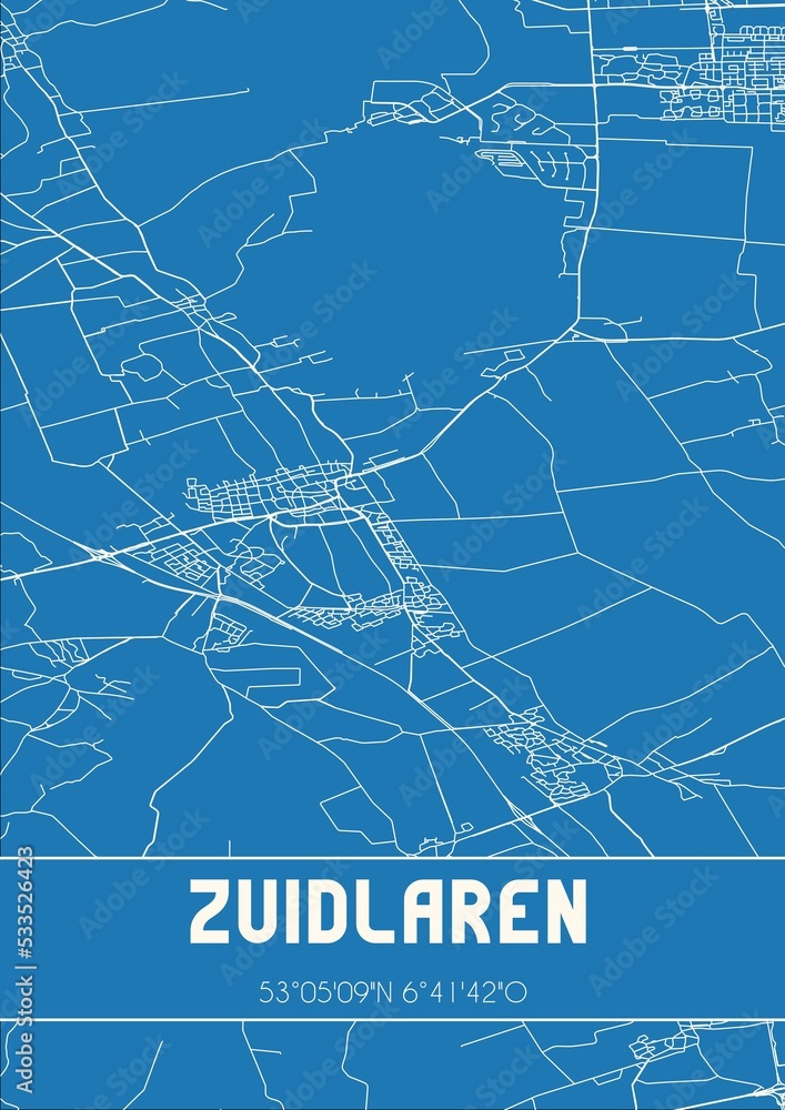 Blueprint of the map of Zuidlaren located in Drenthe the Netherlands.