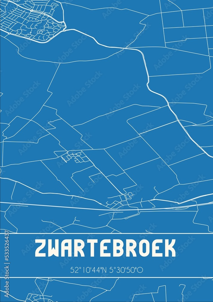 Blueprint of the map of Zwartebroek located in Gelderland the Netherlands.