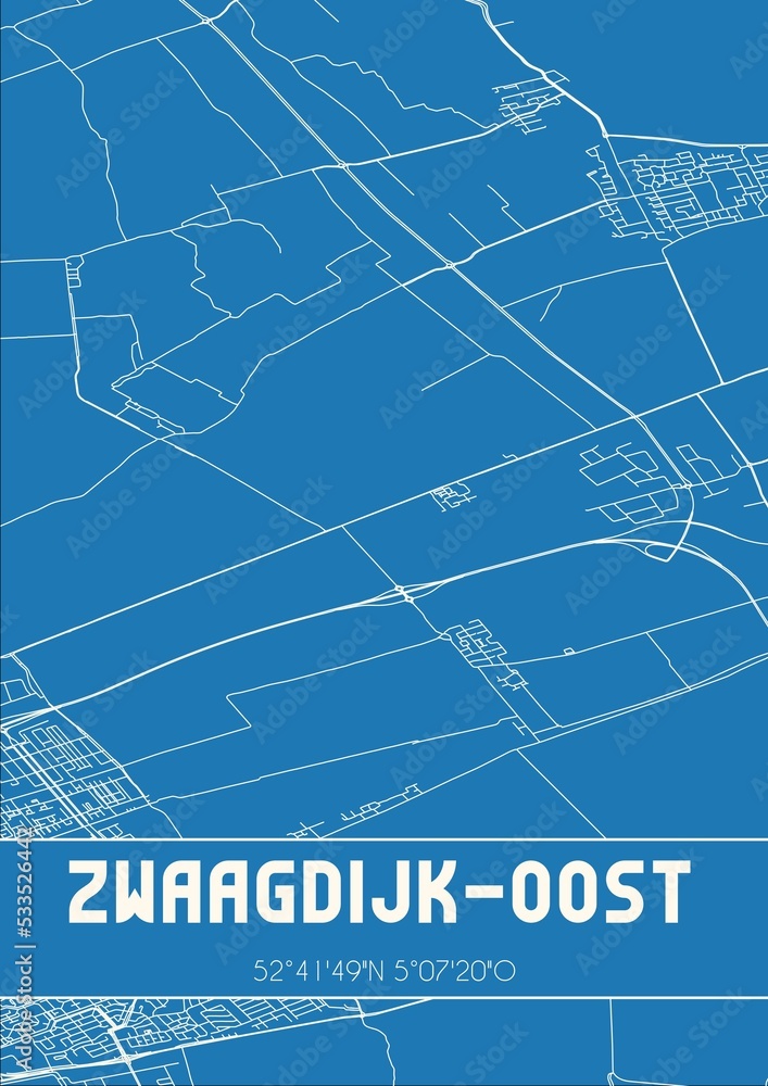 Blueprint of the map of Zwaagdijk-Oost located in Noord-Holland the Netherlands.