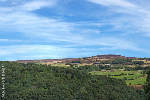 view of the village of midgley moor surrounded by farmhouses and pennine countryside in summer sunlight