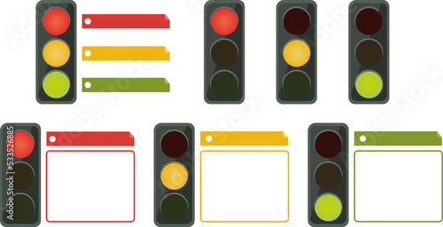 traffic lights with 3 levels, red, orange and yellow, prepared as boxes or buttons in content or web pages, representing 3 levels of difficulty, severity, grades, etc.