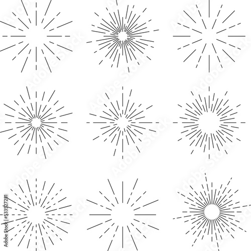 Sunburst vector symbol set. Firework explosion collection