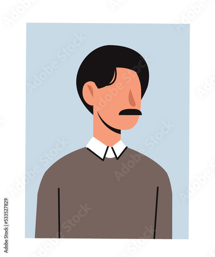 Portrait of man. Young guy with mustache. Avatar for messengers and social networks. Abstract character, poster or banner for website. Fashion, beauty and trend. Cartoon flat vector illustration
