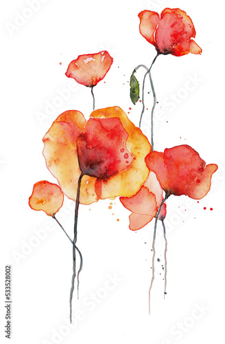 Red poppies watercolor illustration, Isolated on white. Wild red poppies. Surface design for interior decoration, textile printing, printed issues, invitation cards