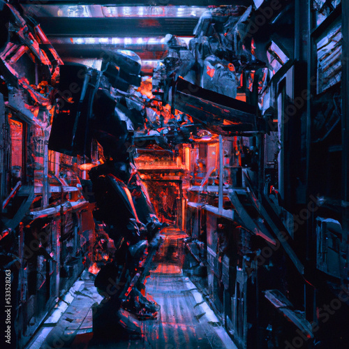 Inside cargo loader mech digital illustration of science fiction scene with robot astronaut controlling heavy industrial mech robot inside dark industrial space. Concept art poster design.