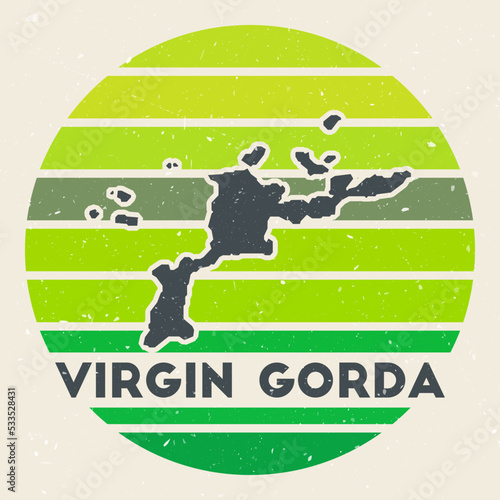 Virgin Gorda logo. Sign with the map of island and colored stripes, vector illustration. Can be used as insignia, logotype, label, sticker or badge of the Virgin Gorda.