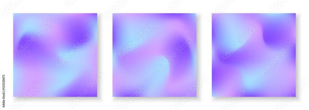 Set of square cover templates with holographic effect. Trendy hologram backgrounds for social media posts, flyers, banners, brochure, placard, poster, card design. Fluid colors neon templates in