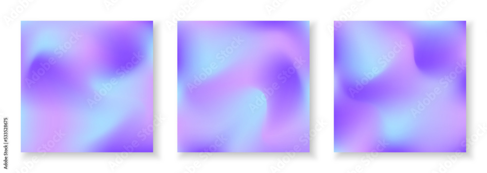 Naklejka premium Set of square cover templates with holographic effect. Trendy hologram backgrounds for social media posts, flyers, banners, brochure, placard, poster, card design. Fluid colors neon templates in