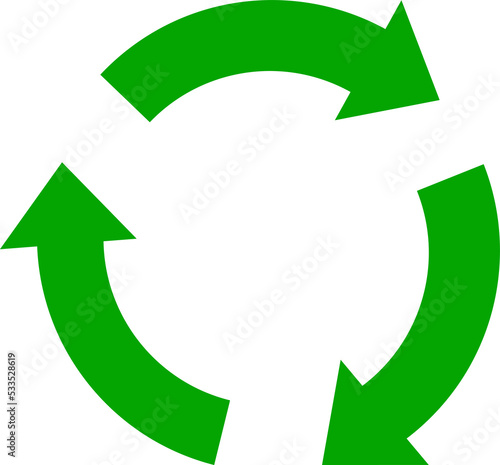 Green round recycle logo or symbol. 3 thick arrows.