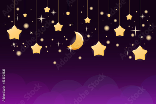 Background of starry night sky with plump stars and moon in cartoon style