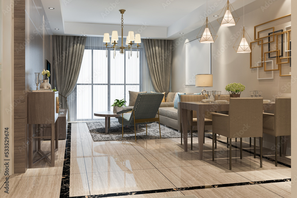 Fototapeta premium 3d rendering loft luxury living room with shelf near dining table