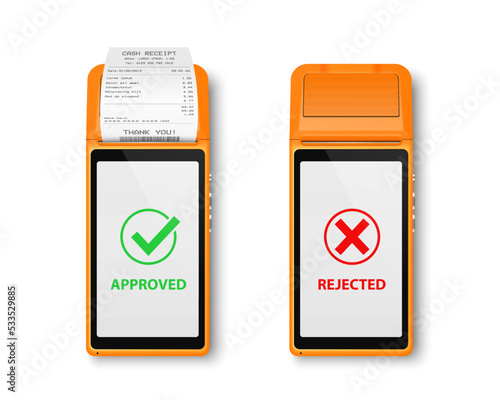 Vector 3d NFC Payment Machine with Approved and Rejected Status, Receipt Isolated. Wi-fi, Wireless Payment. POS Terminal, Machine Design Template of Bank Payment Contactless Terminal. Top VIew