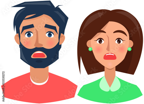 Negative person frowning face upset people. Family with emotion of indignation, calmness. Displeased face of female character. Unhappy man vector illustration. Expressing human emotion, discontent