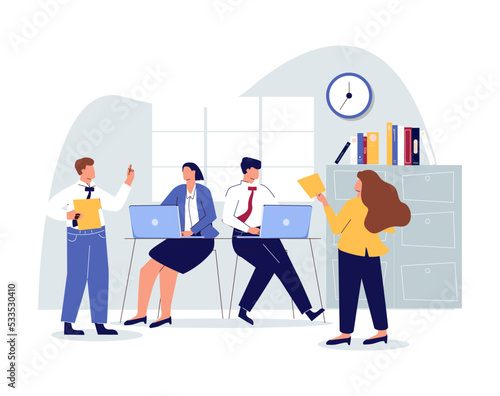 Collection of succesfull team illustrations . Bundle of men and women taking part in business meeting, negotiation