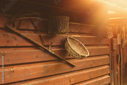 Old peasant tools hanging on wooden wall on animal farm. photo