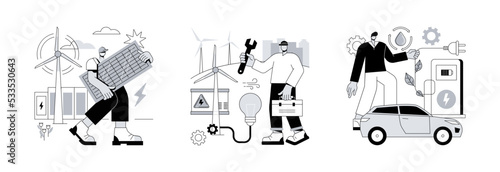 Clean energy abstract concept vector illustration set. Renewable energy, wind power, alternative fuel, solar panels, green electricity, charging station, light bulb, windfarm abstract metaphor.