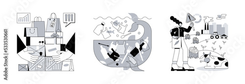 Global pollution problem abstract concept vector illustration set. Overconsumption and plastic pollution, global land use, globalization and food production, overpopulation problem abstract metaphor.