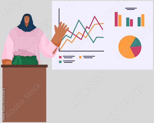 Data analytics information and development statistics. Web analysis measure, product testing technology. Woman analyses dashboard seo optimization, digital report. Statistical indicators data diagram