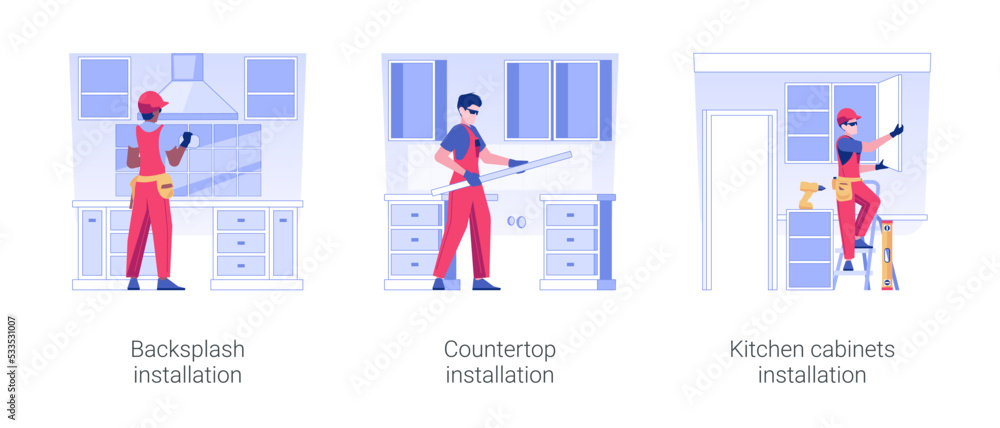 Kitchen works isolated concept vector illustration set. Backsplash installation, assembling countertop, kitchen cabinets design, interior works in private house construction vector cartoon.