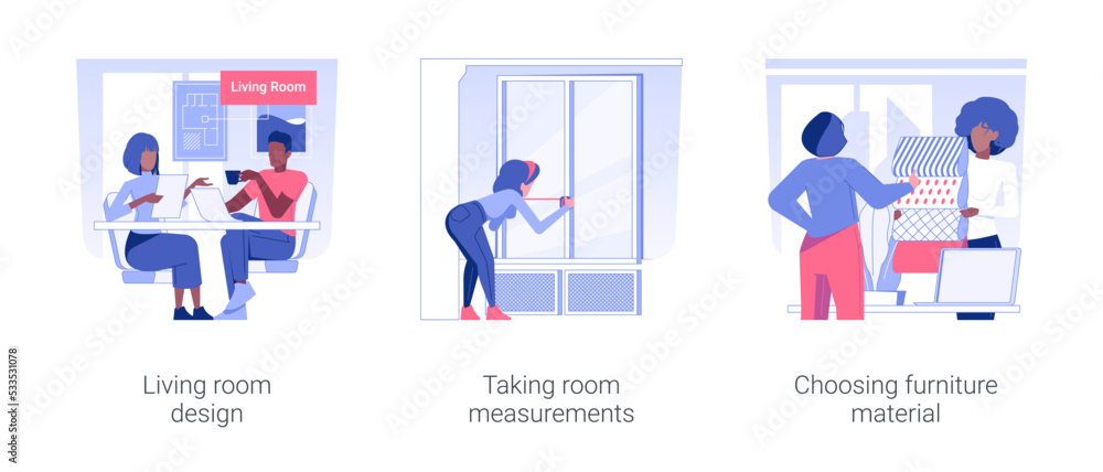 Interior rennovation isolated concept vector illustration set. Living room design, taking room measurements, choosing furniture material, apartment custom repair service vector cartoon.