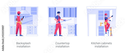 Kitchen works isolated concept vector illustration set. Backsplash installation, assembling countertop, kitchen cabinets design, interior works in private house construction vector cartoon.