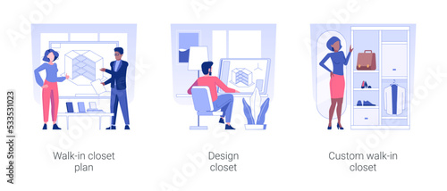 Walk-in closet layout isolated concept vector illustration set. Wardrobe plan, walk in closet 3D model, custom design project, interior software, furniture contractor service vector cartoon.