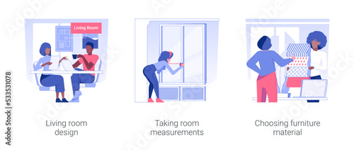 Interior rennovation isolated concept vector illustration set. Living room design, taking room measurements, choosing furniture material, apartment custom repair service vector cartoon.